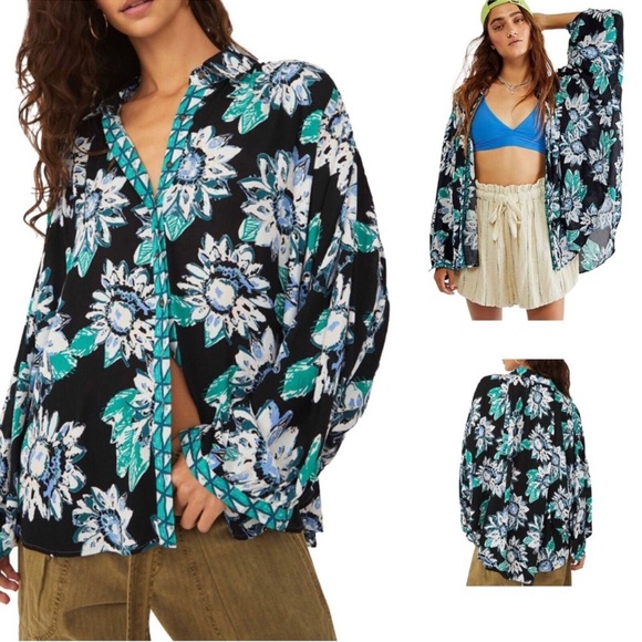 Free People Good Vibrations Button Down Blue Floral Blouse - XS - Picture 1 of 9